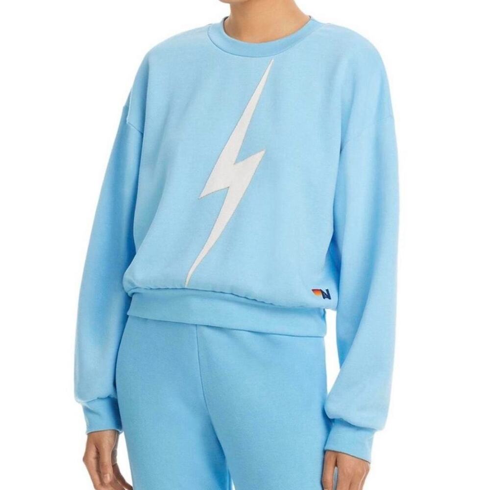 Aviator Nation Bolt Crew Sweatshirt Light Blue Solid White Bolt Size S